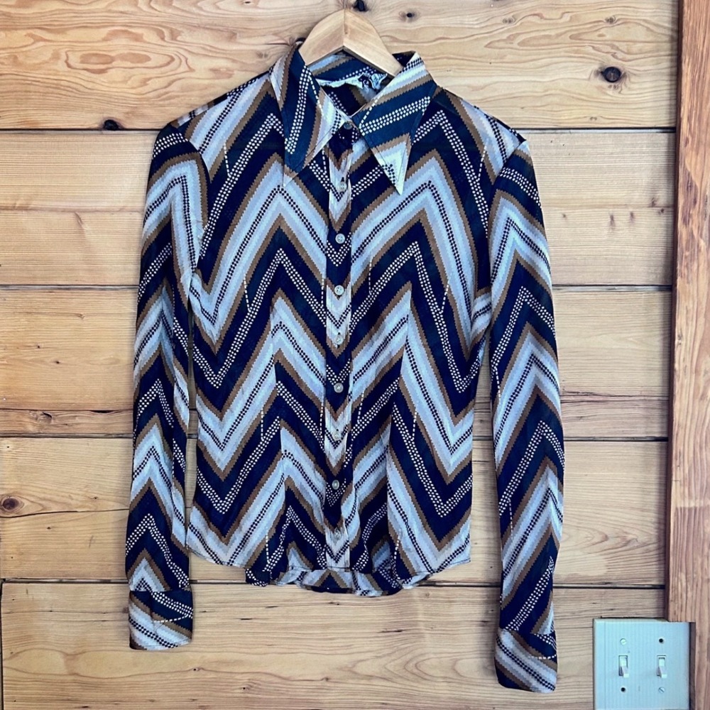 Vintage Sheer Mesh Dagger Collar Blouse Women Large Brown Chevron Wayne Rogers